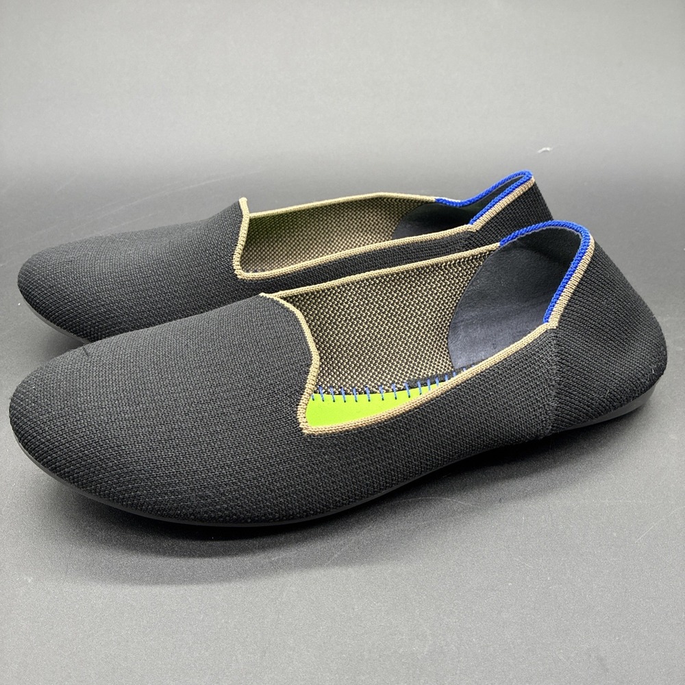 Rothy's The Lounge Loafer Slip-On Shoes Women's Size 9 Black Blue Beige Trim
